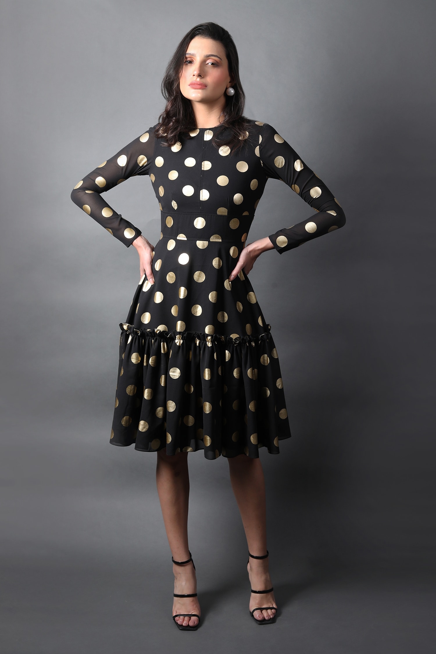 Swatee Singh - Black Georgette Printed Polka Dots High Neck Flared Dress  For Women