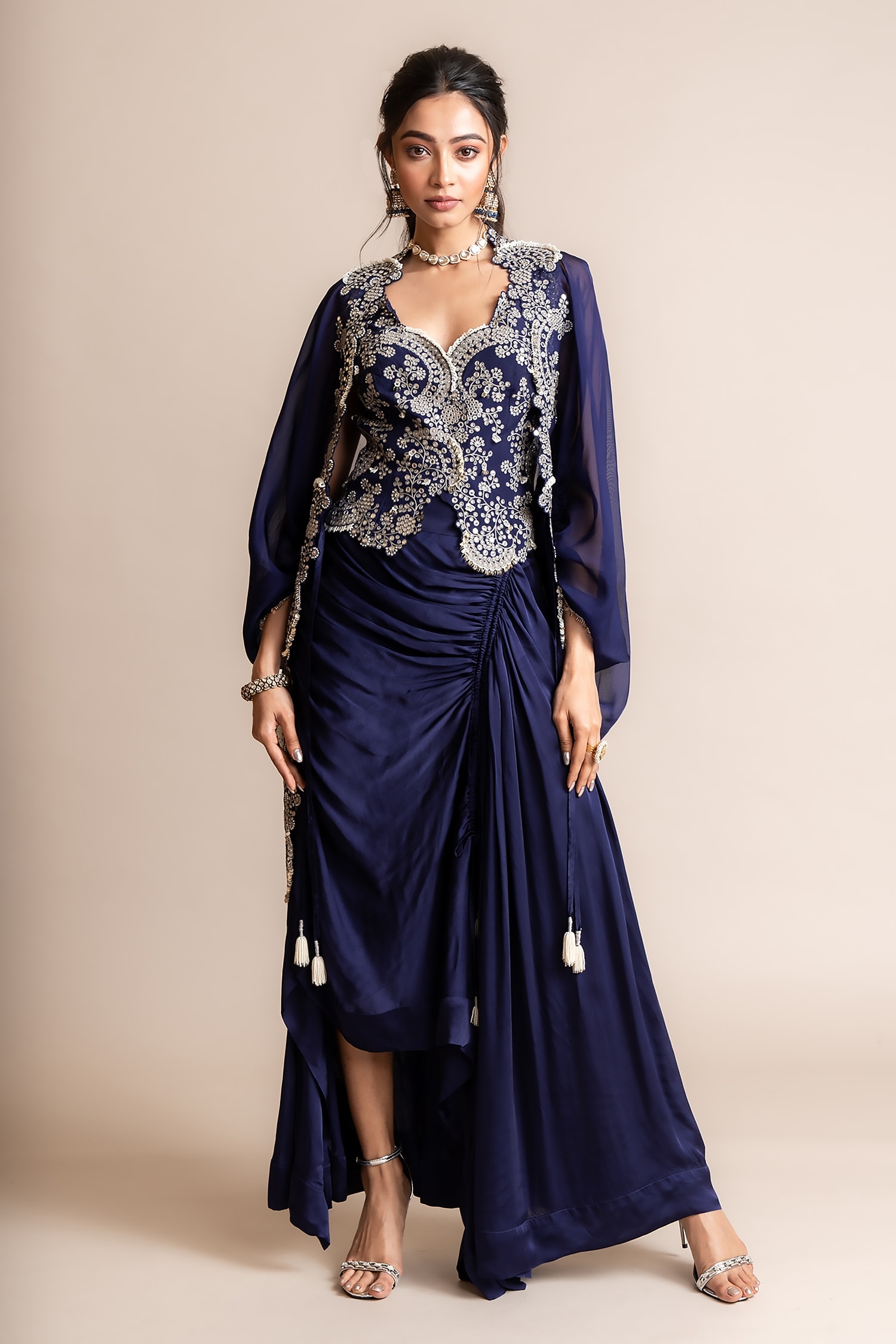 Buy Blue Chiffon Mirror Work Cape with Skirt and Bralette by Designer PUNIT  BALANA Online at