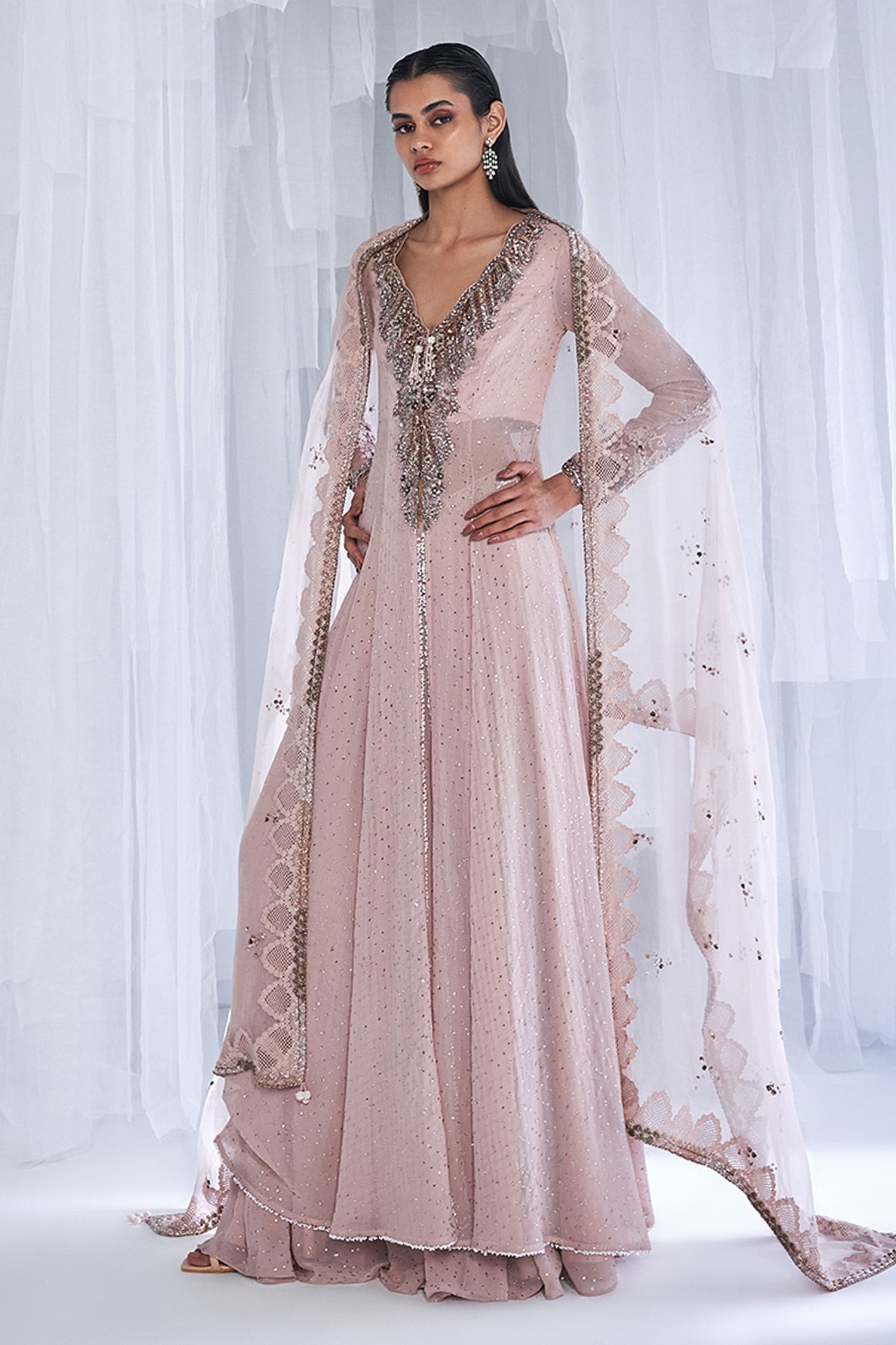 Buy Ivory Chiffon + Organza Embroidered V Daisy Dew Jacket Sharara Set