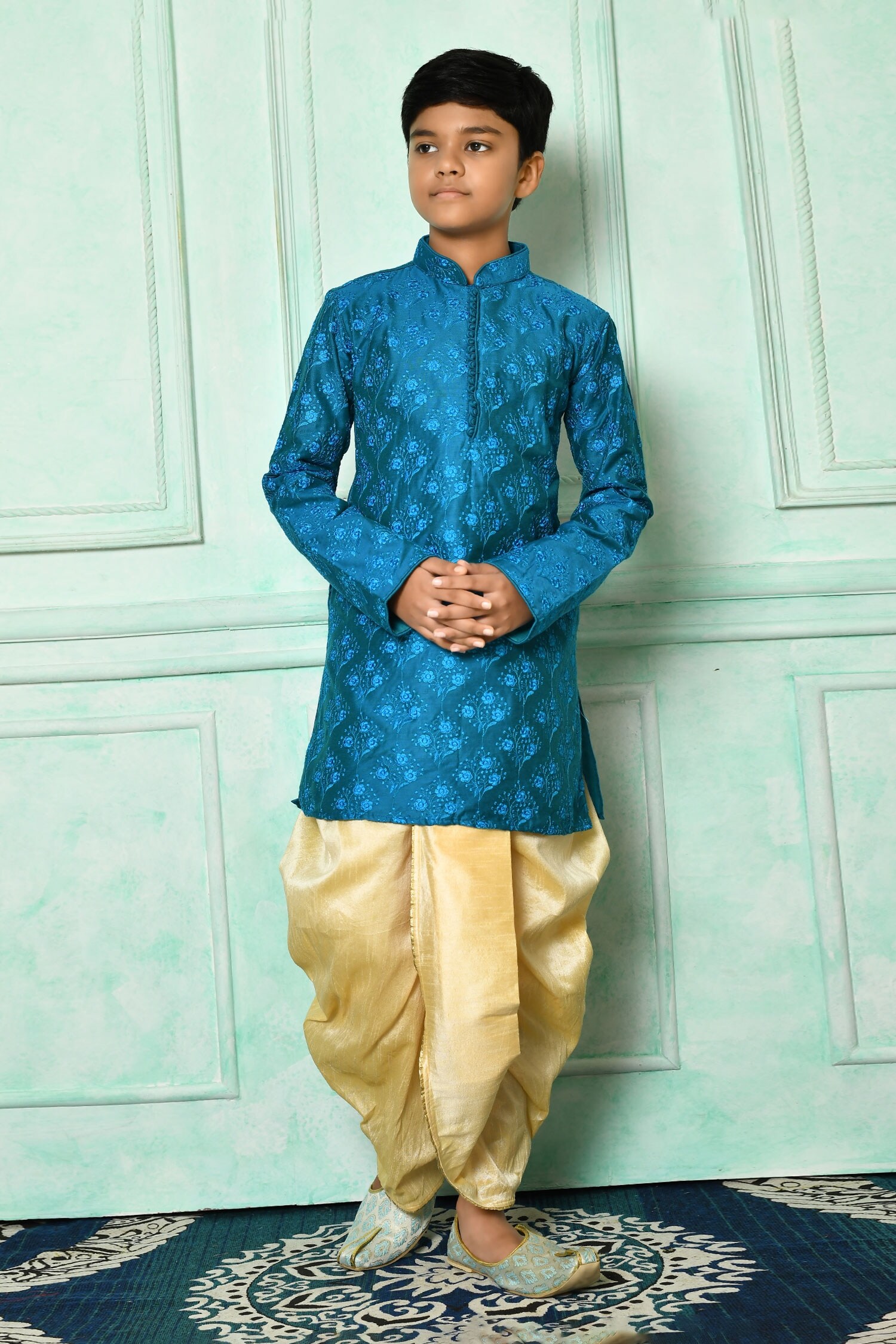 Buy Blue Dupion Art Silk Embroidered Floral Kurta And Dhoti Pant For Boys By Arihant Rai Sinha