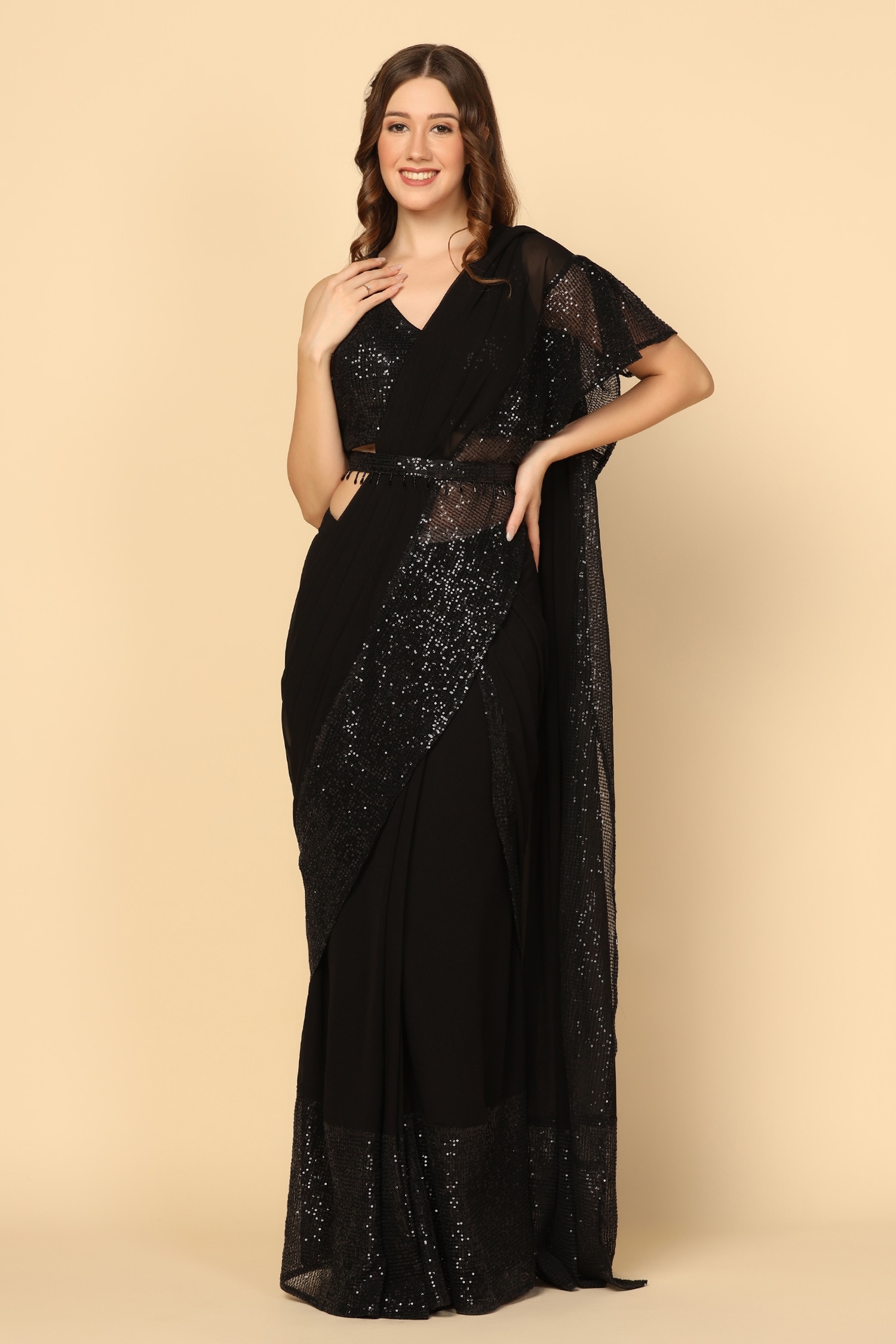 Buy Two Sisters By Gyans Black Georgette Sequin Embroidered Pre-draped ...