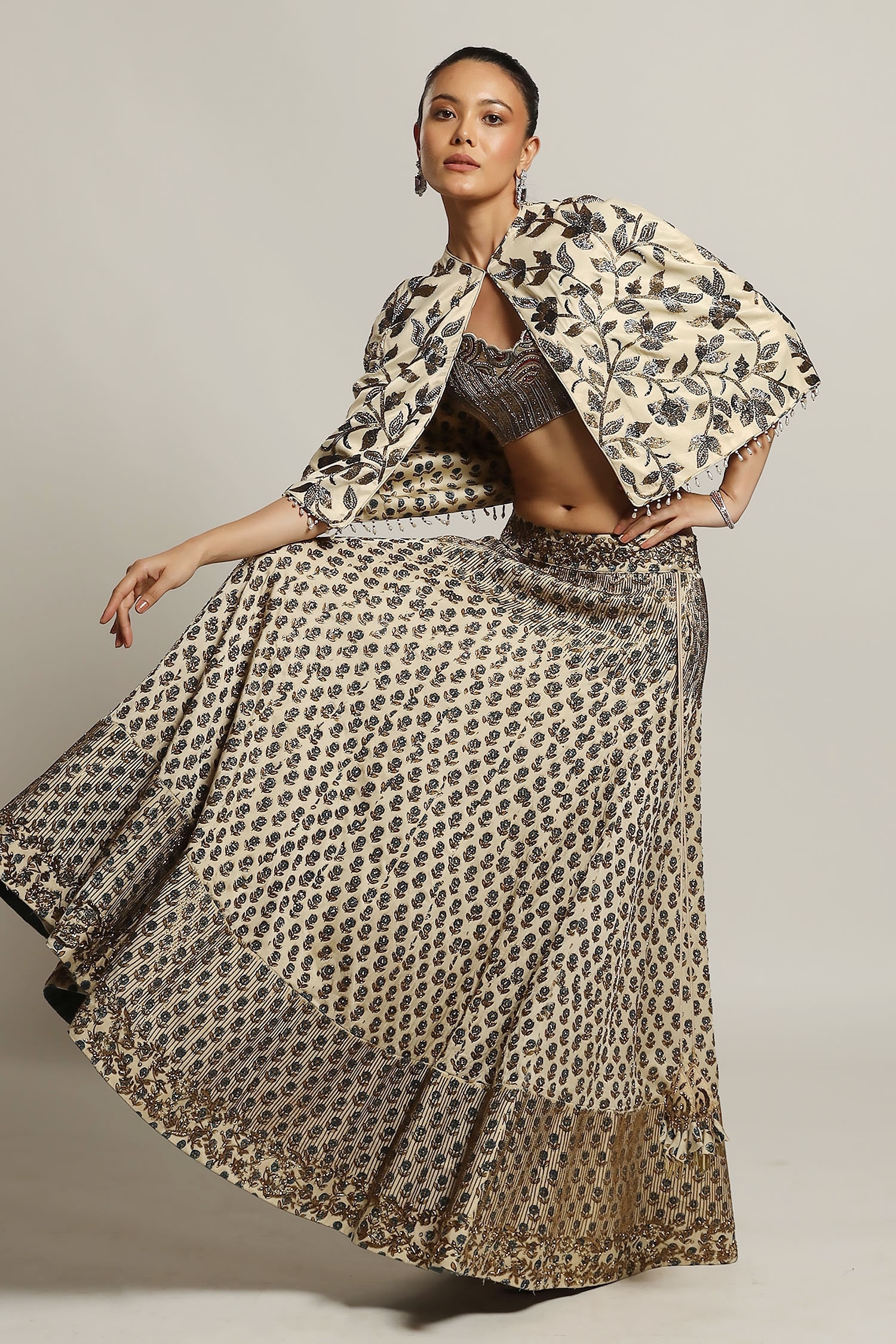 Sejal Kamdar Ivory Gajji Silk Embellished Pipe Jacket: Open Lehenga Set For Women