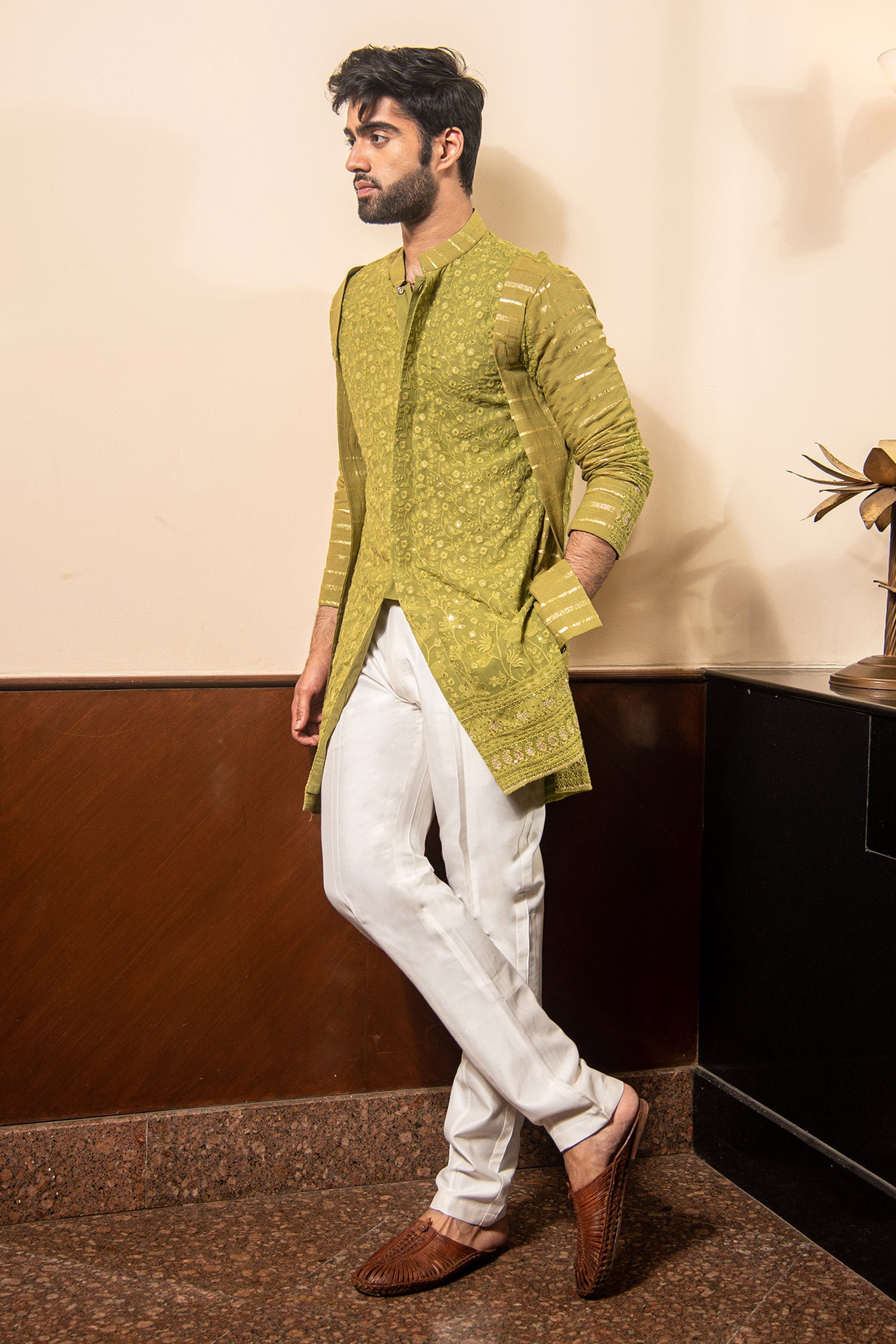 Soniya G Green Georgette Embroidery Sequin Thread Kurta Set For Men