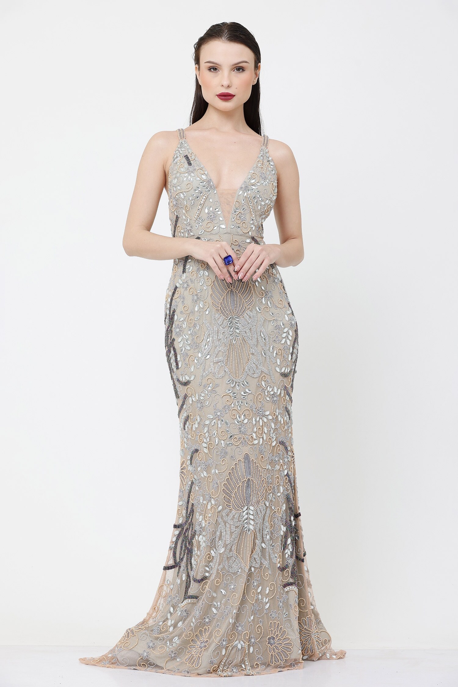 Buy Beige 100% Nylon Mesh Hand Embellished Beads Plunge V Neck Gown For ...