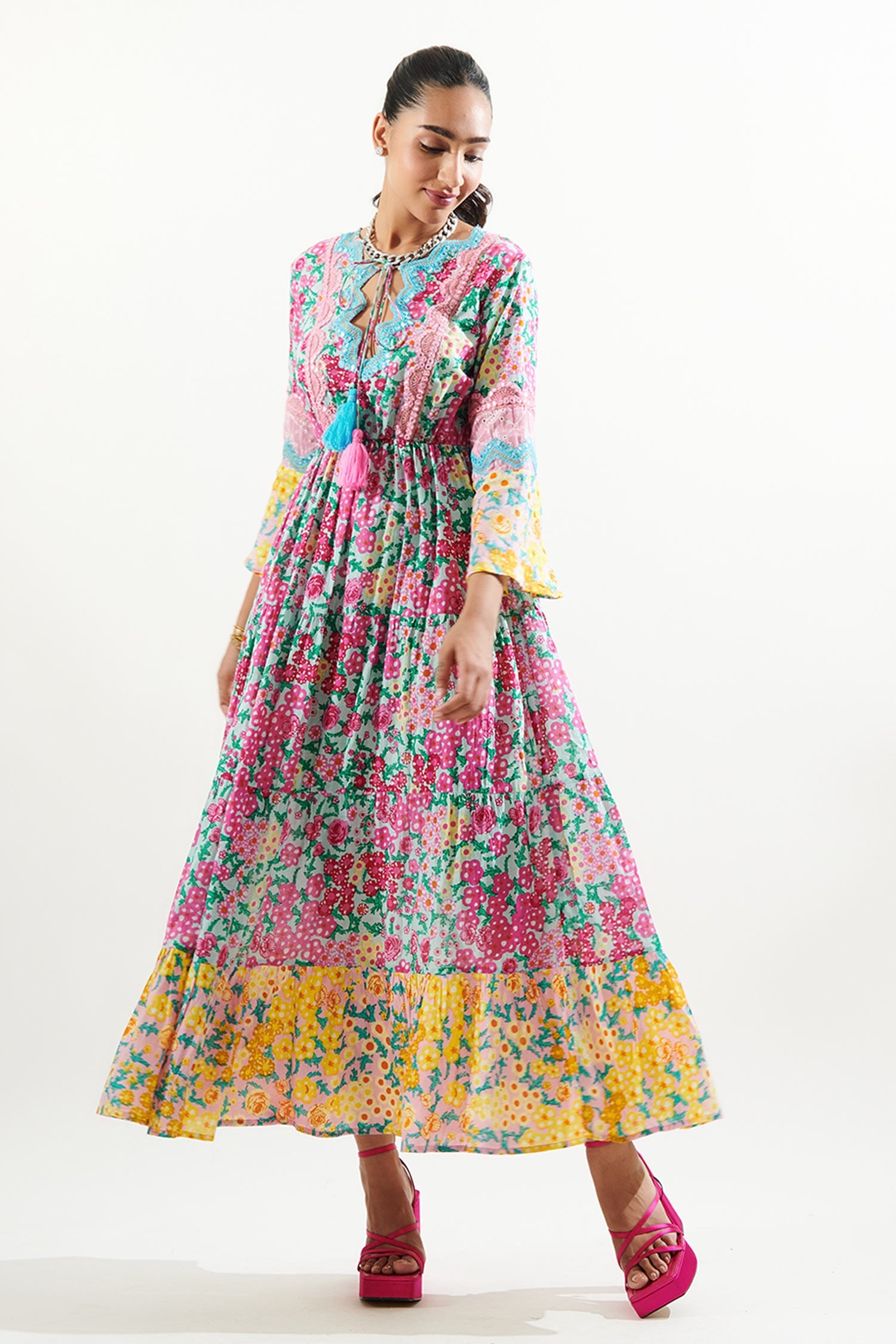 Cin Cin Pink Cotton Printed Flower Keyhole Ruchi Dress For Women