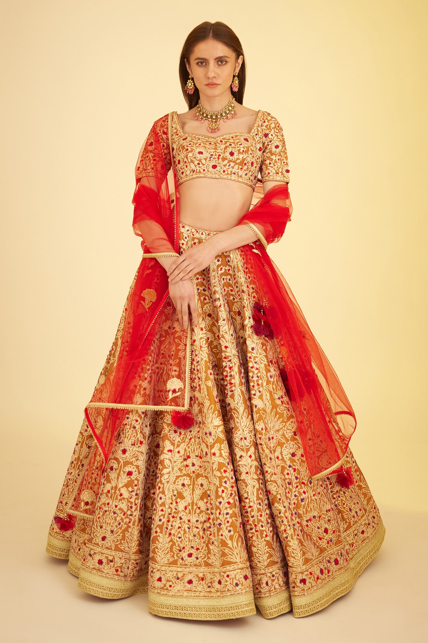 Embroidery Silk and Net Glamorous Golden Orange And Coral Red Lehenga Saree  at Rs 9907.5 in Ahmedabad