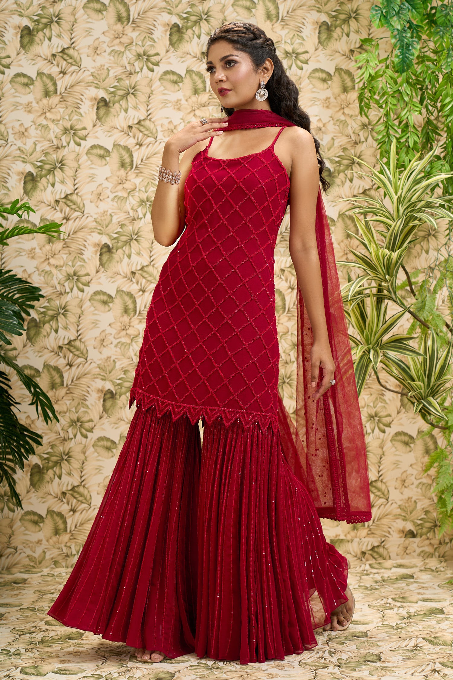 Ariyana Couture Red Kurta And Sharara- Viscose Georgette Embroidered Checkered Set For Women