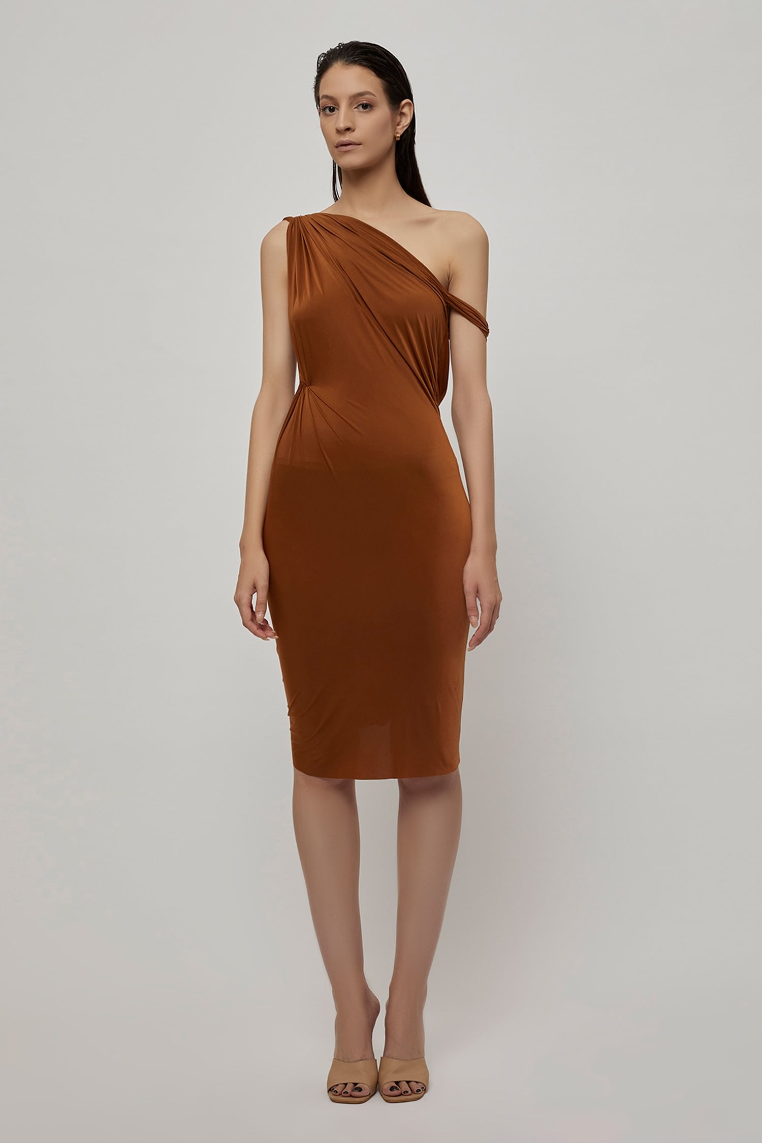 Buy Brown Malai Lycra One Shoulder Backless Dress For Women by Deme by  Gabriella Online at Aza Fashions.