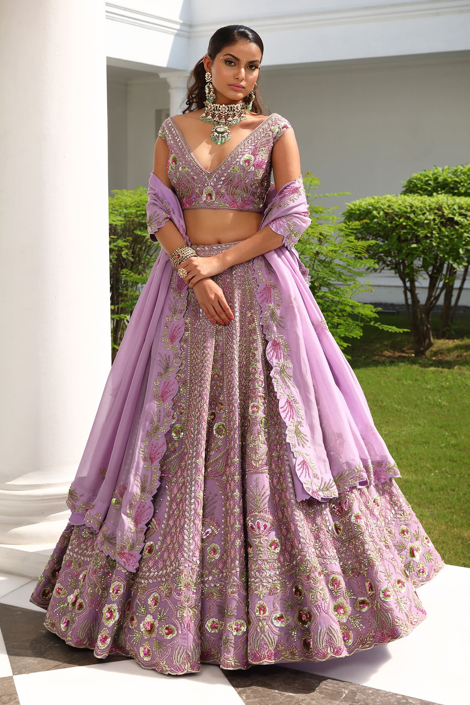 Miku Kumar Purple Silk Hand Embroidered Sequin Plunge Flower Bloom Lehenga Set For Women