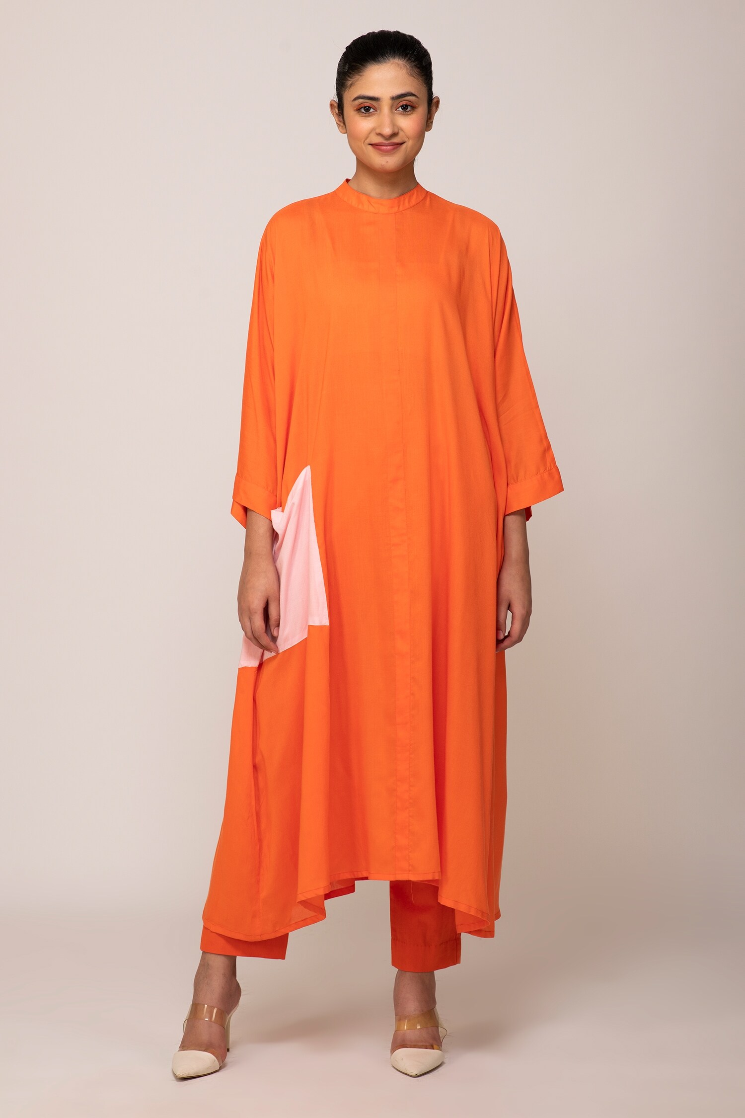 Buy Orange Cotton Modal Crew Band Ketki Color Block Pocket Kaftan Dress For Women by Ekavira