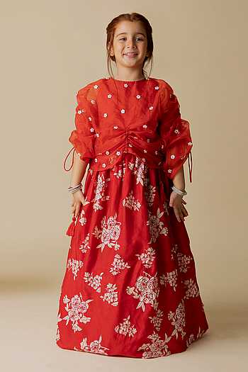 Girls Yellow Peacock Print Lehenga Set with Puff Sleeve Blouse