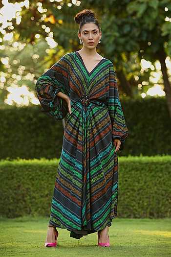 Shilpi Gupta Multi Color Armani Satin Floral, Stripe V Neck Print Maxi Dress| AZA Fashions| Party