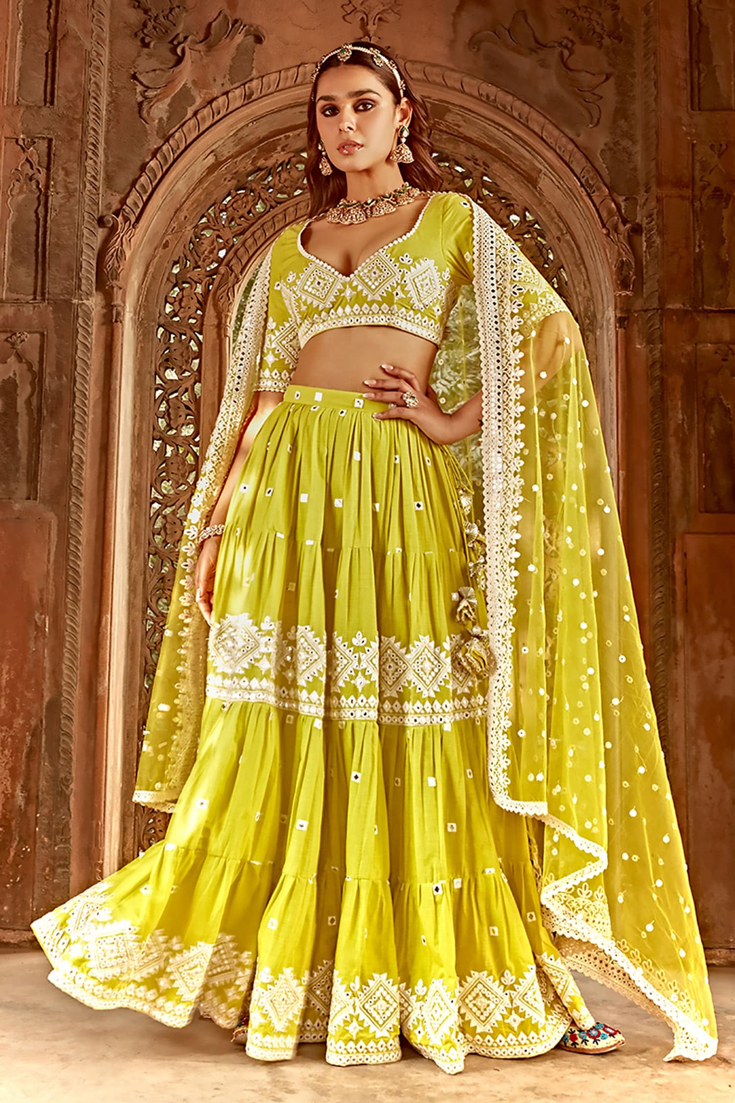 Buy Green Lehenga And Blouse Cotton Mulmul Embroidered Diamond Pattern ...