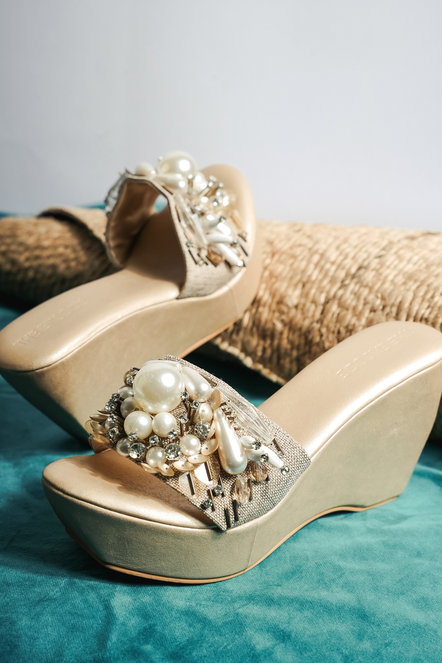 Buy Gold Embroidered Floral Wedges by Essem Online at Aza Fashions.