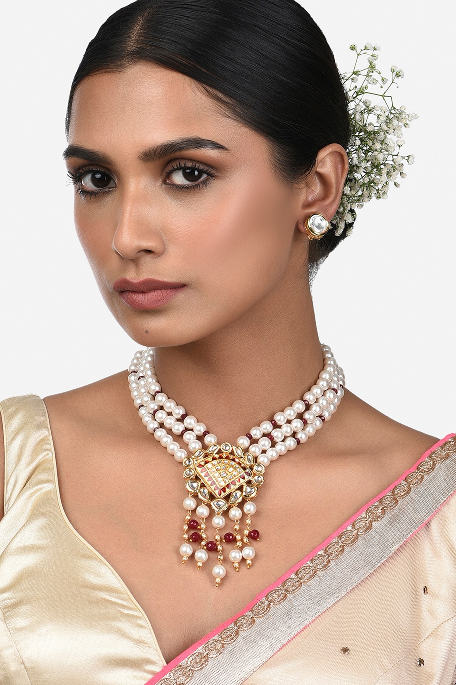 Buy White Kundan Polki Pearl Tassel Pendant Necklace Set By Ahaanya