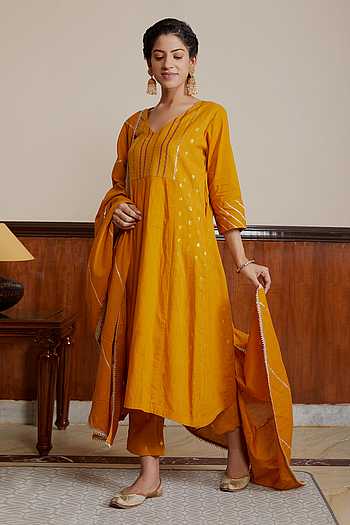 NEELI | Yellow Blue Striped Kaftan Co-ord Set | Gold Lace Trim Kurta Pant for Women