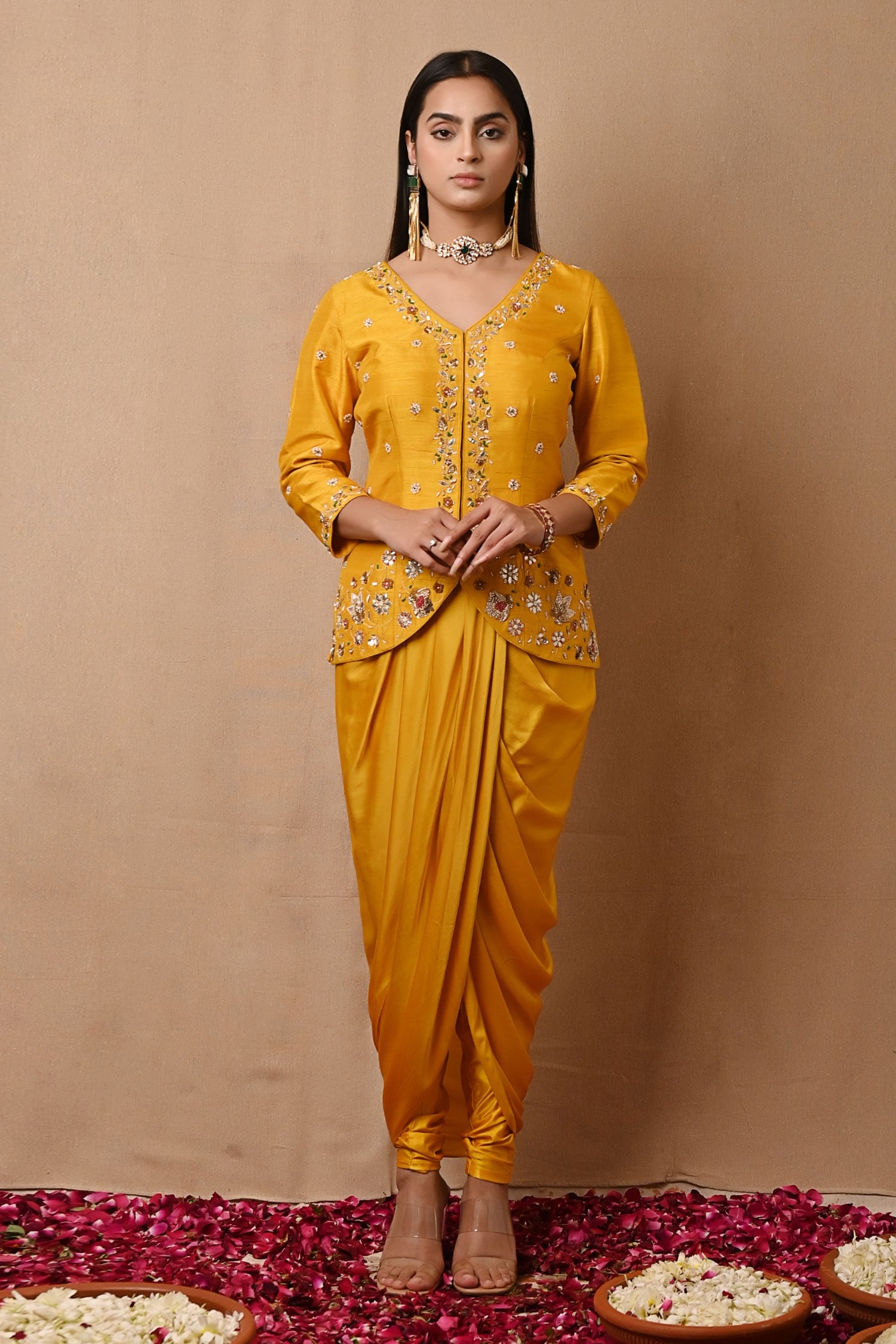 Buy Label Nitisha Yellow Satin Embroidered Jacket And Draped