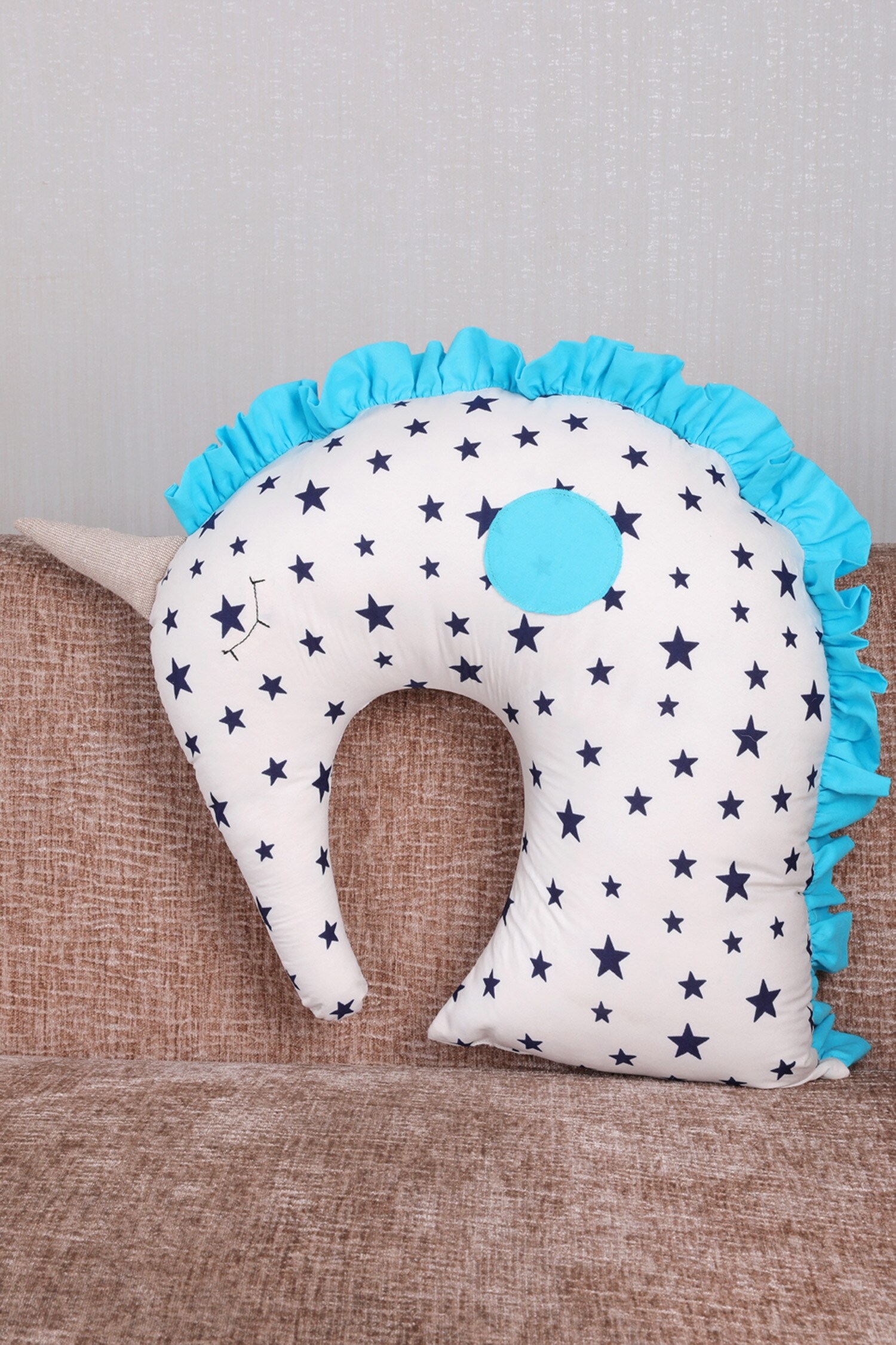 Buy White Crepe Unicorn Shaped Star Print Cushion by My Gift Booth