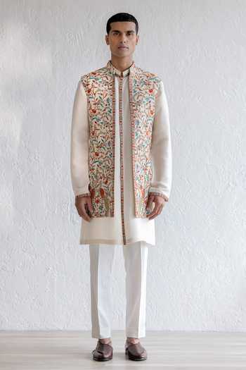 Buy Ivory Nehru Jacket Kashmiri Gulbar Set For Men by Qbik Online at ...