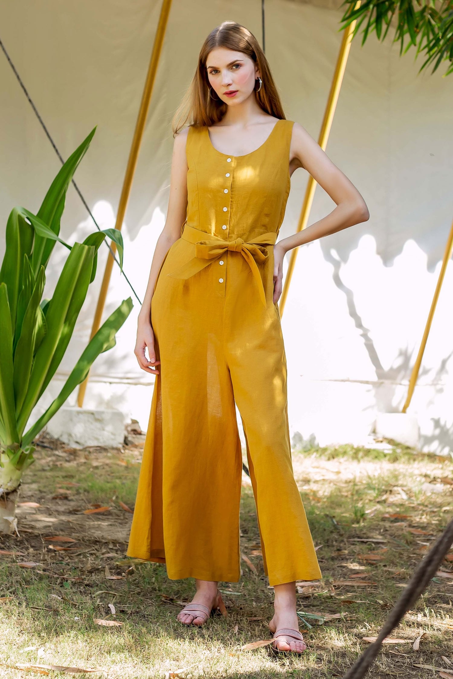 Buy Yellow Linen Square Neck Button Down Jumpsuit For Women by ...