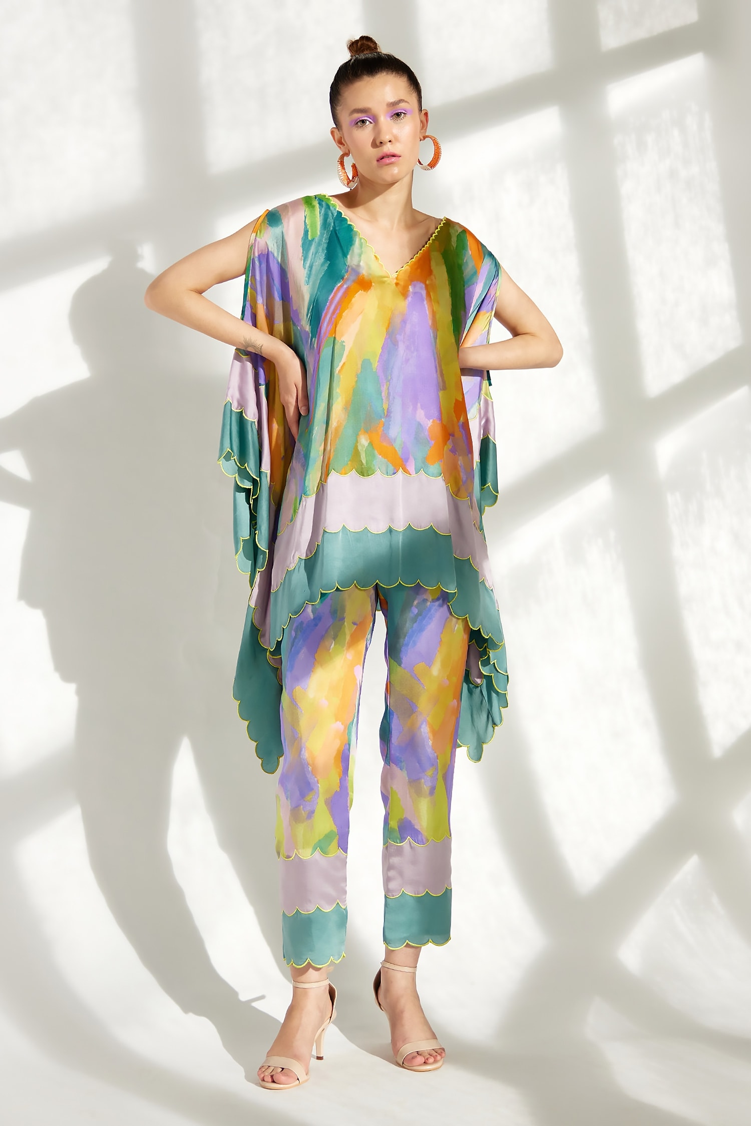 Buy Multi Color Pure Modal Satin Printed Candy Kaftan And Pant Set For ...