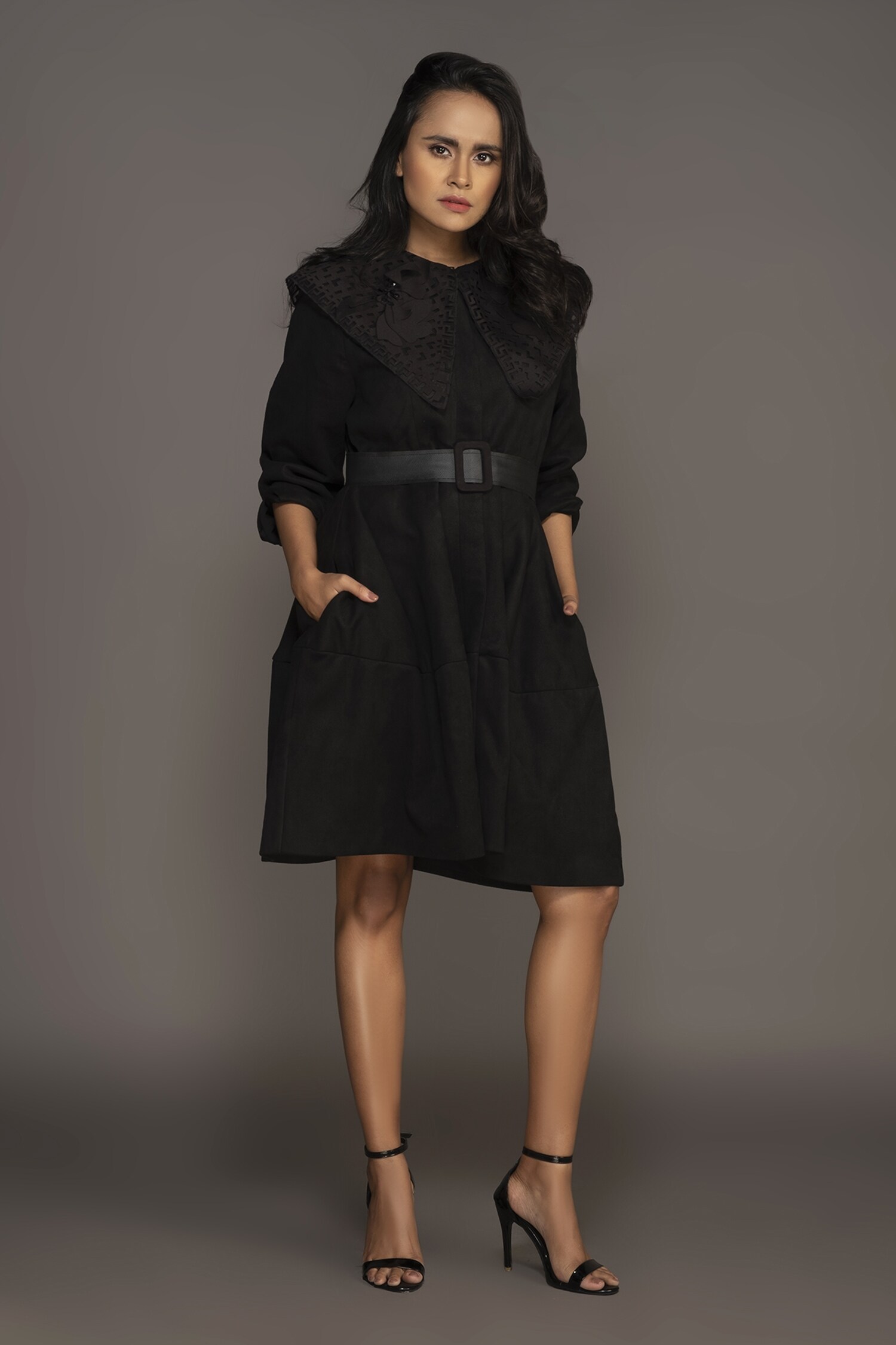 Buy Black Cut Work Chelsea Collar Jacket Dress For Women by Deepika