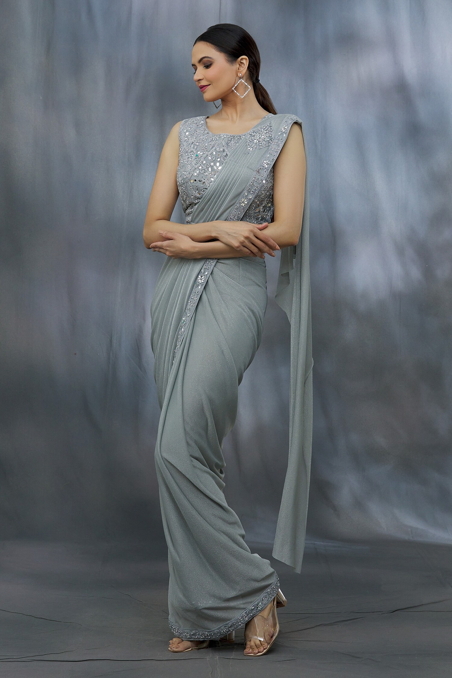 Buy Grey Net Embroidery Resham Scoop Border Pre-draped Saree With ...