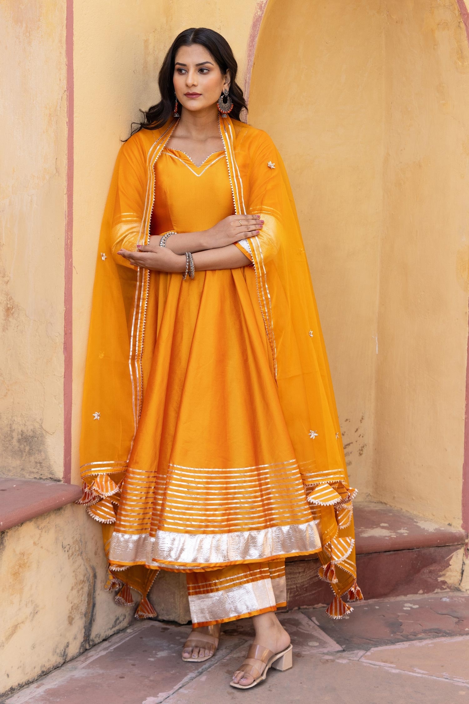 Buy Yellow Anarkali And Pant Tafetta Silk & Dupatta Organza Embroidery