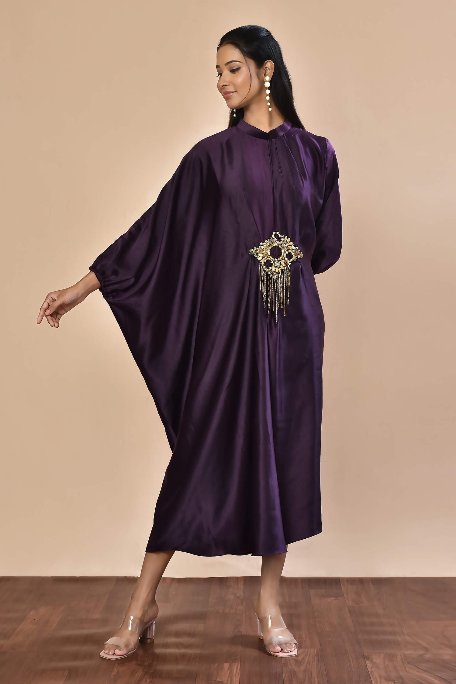 Khwaab by Sanjana Lakhani Purple Milano Satin Draped Asymmetric Kaftan