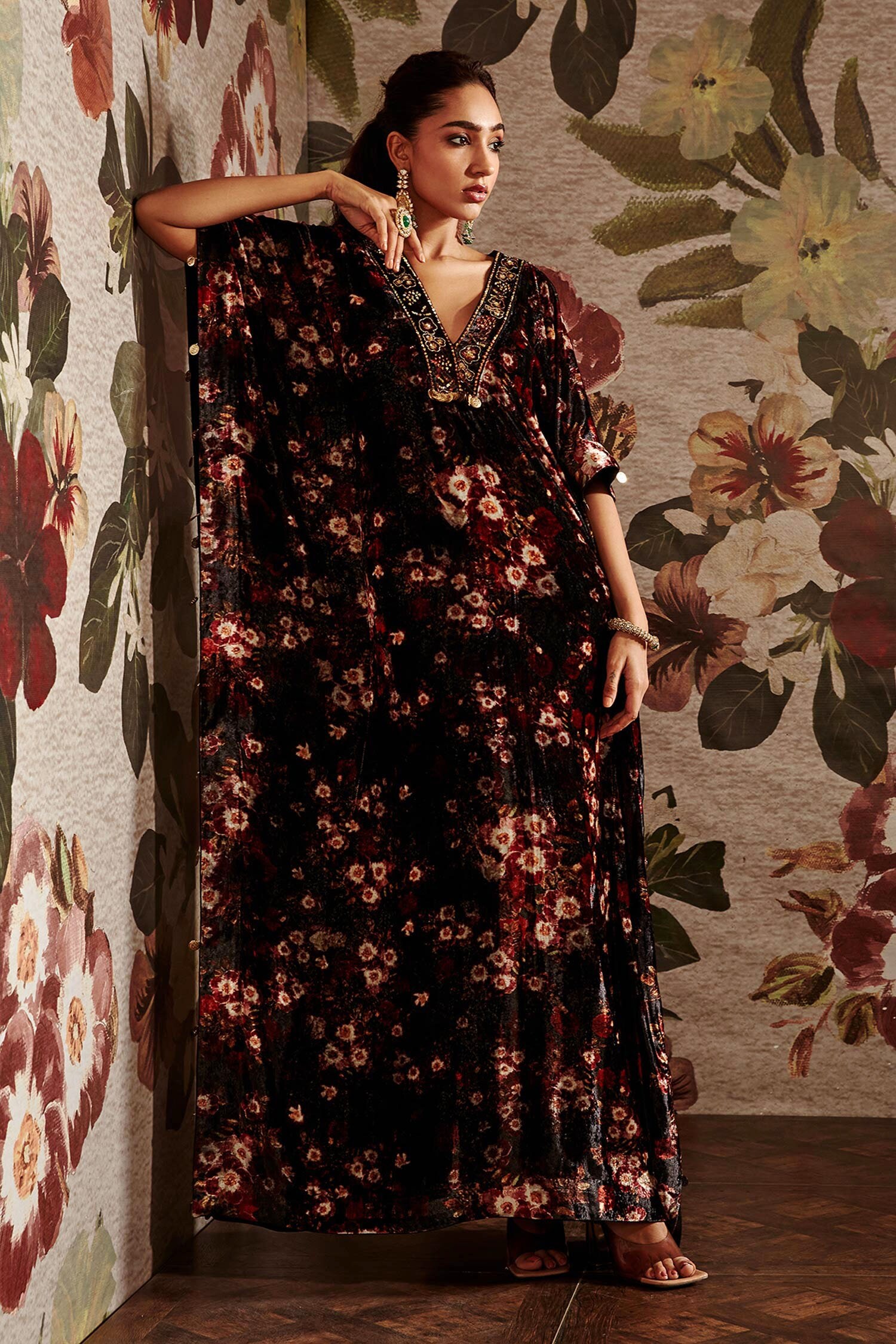 Buy Prints by Radhika Multi Color Shantoon Velvet Printed Kaftan Online