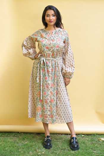 Buy Beige Cotton Block Printed Floral V Neck Savannah Boho Dress For ...