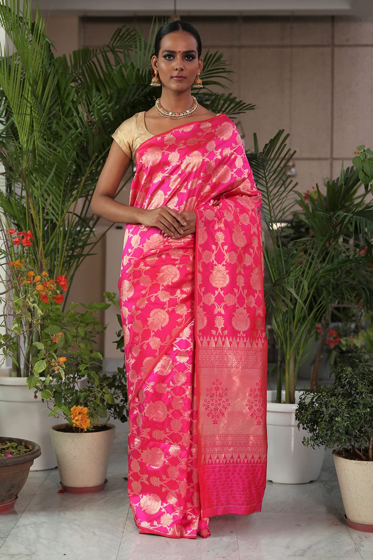 Orange hand woven nylon saree with blouse - Pink Lotus Creation - 4083172