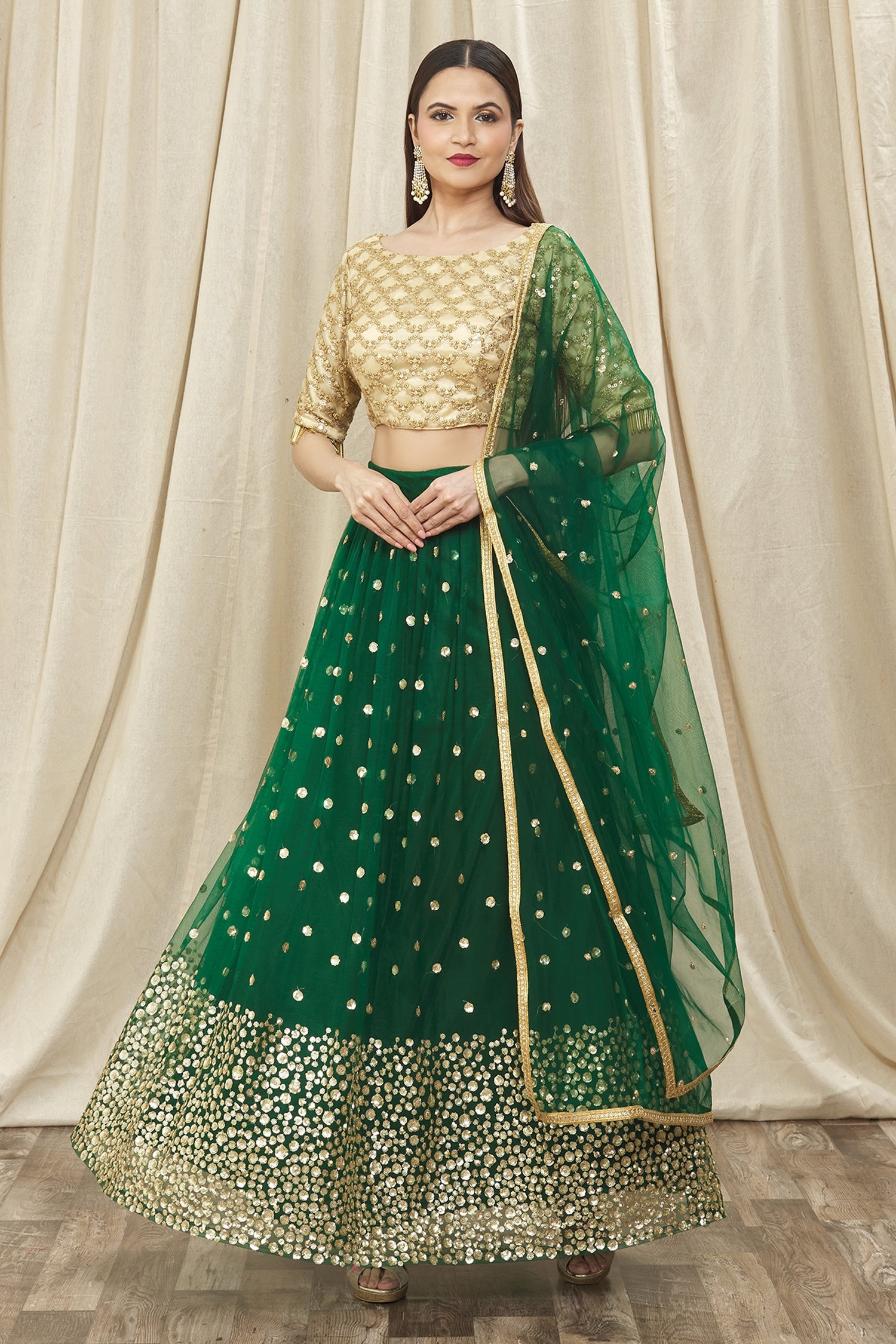 Buy Green Lehenga And Blouse: Art Silk Embroidered Sequin Round Butti ...