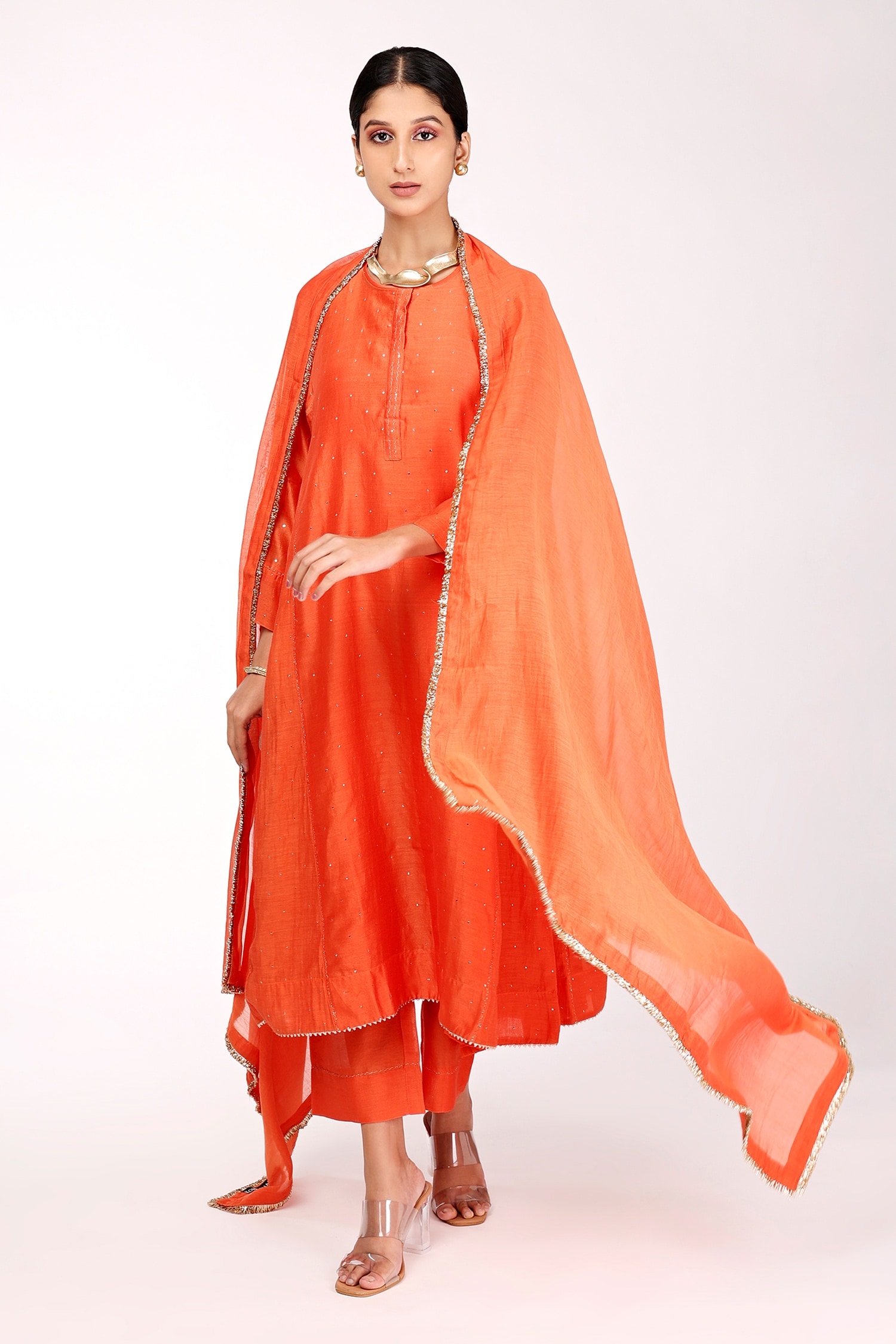 Buy Orange Chanderi Embroidered Mukaish Round Kalidar Kurta Set For
