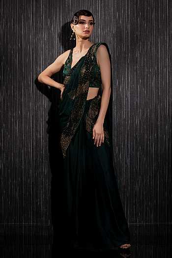 Jagriti Green Printed Satin Silk Draped Saree with blouse