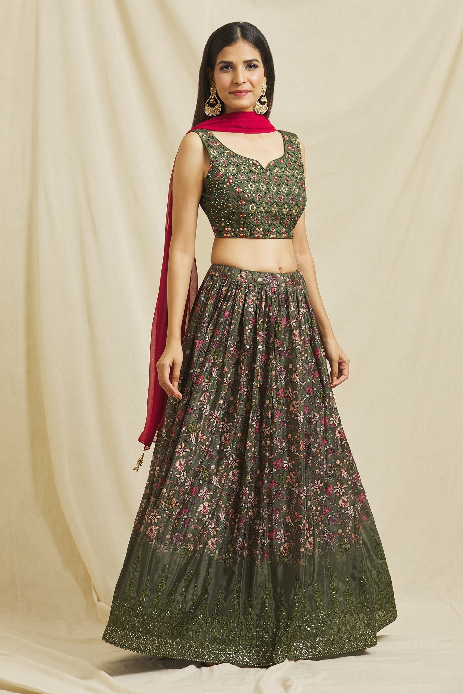 Buy Green Silk Embroidery Flower Vine Notched Floral Print Lehenga Set For Women By Adara Khan 4999