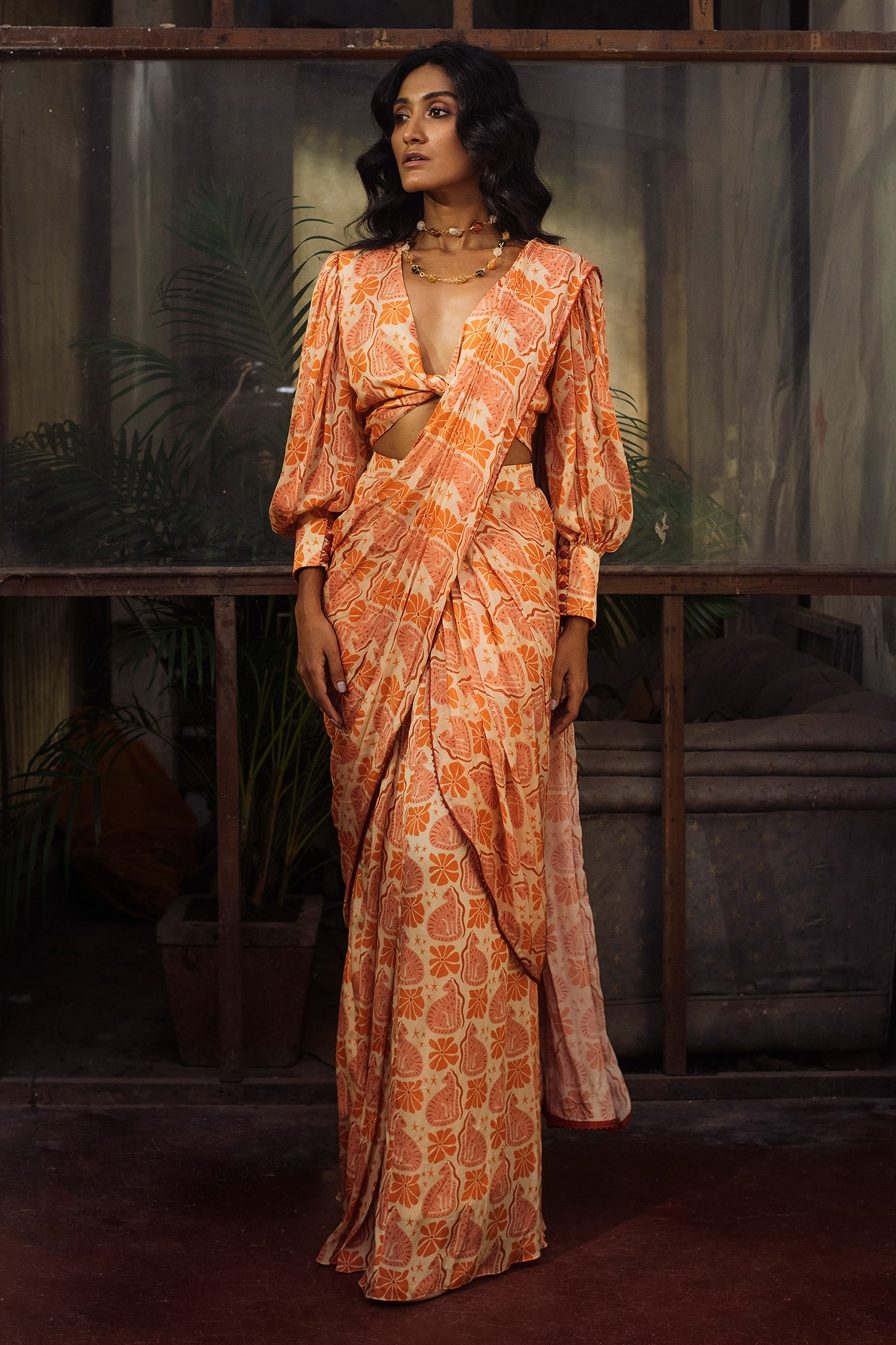 Suave Orange Chinnon Chiffon Print Wilderness Pre-draped Saree With Blouse For Women