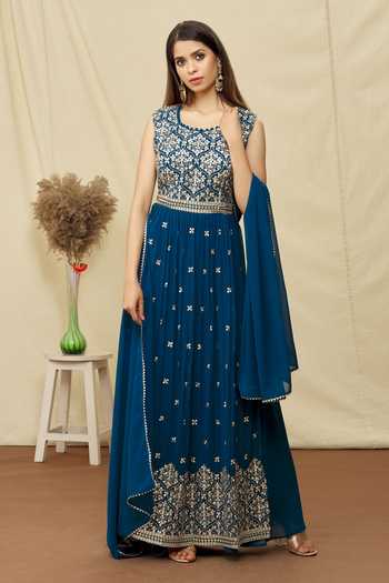 Turquoise Embroidered Sequence Work Kurta Palazzo & Dupatta Set