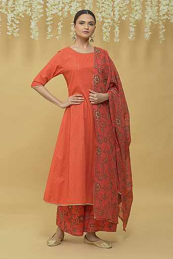 Women Red Floral Wrap Anarkali Kurta With Stripes Palazzo