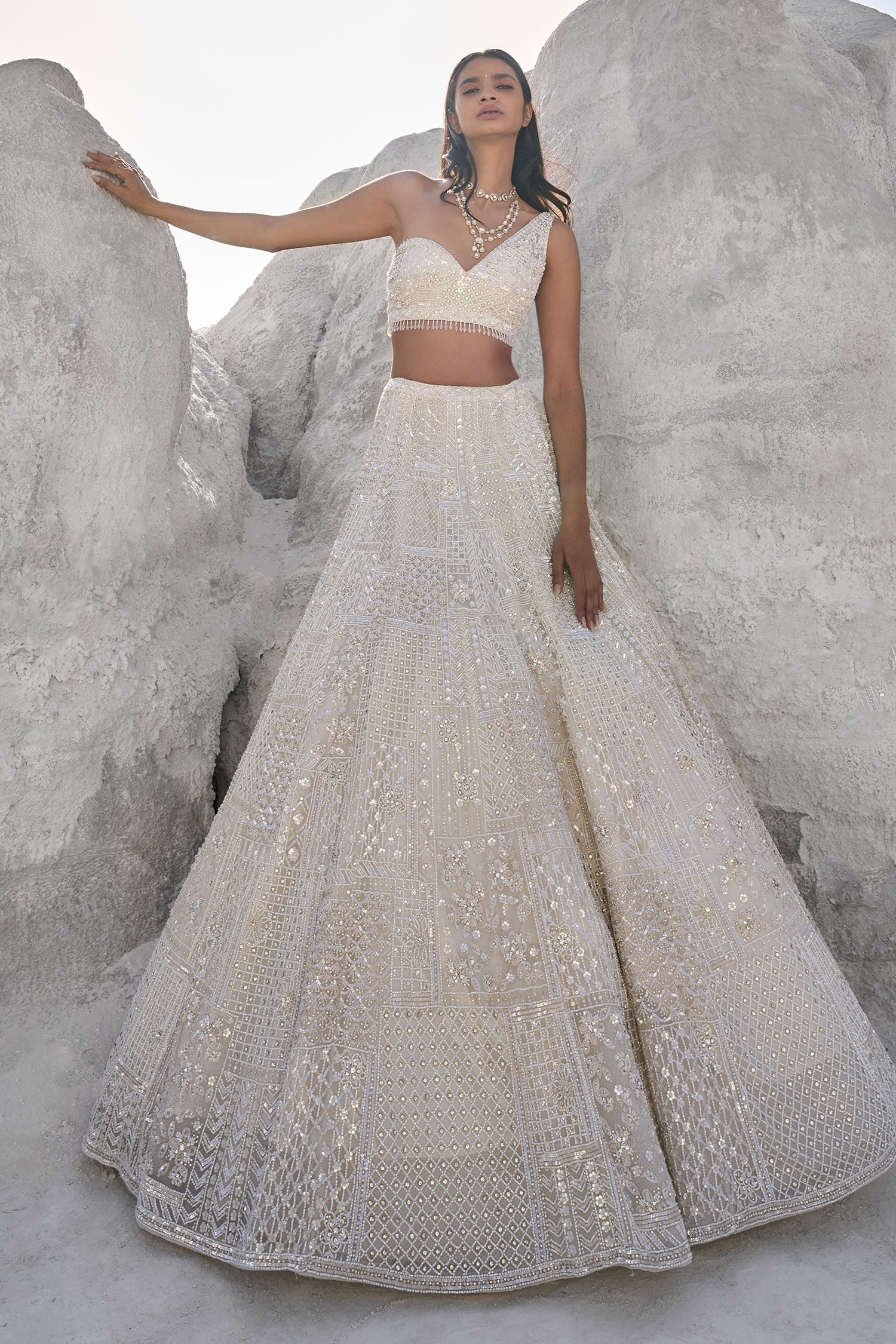 Seema Gujral Ivory Net Pearl Embroidered Lehenga And Blouse Set