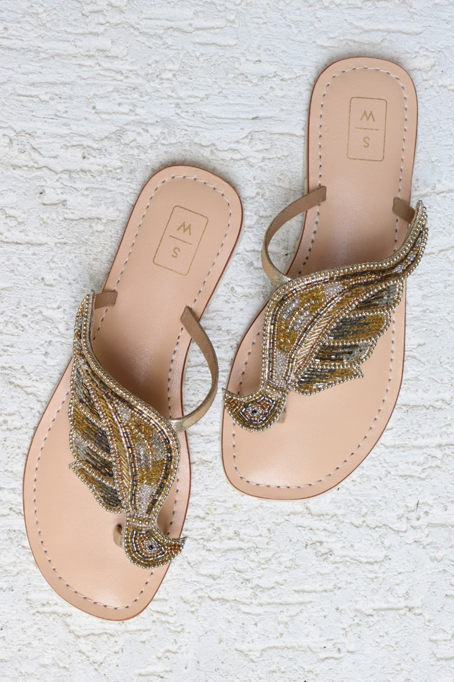 Sandalwali Gold Leather Bird Embroidered Flats
