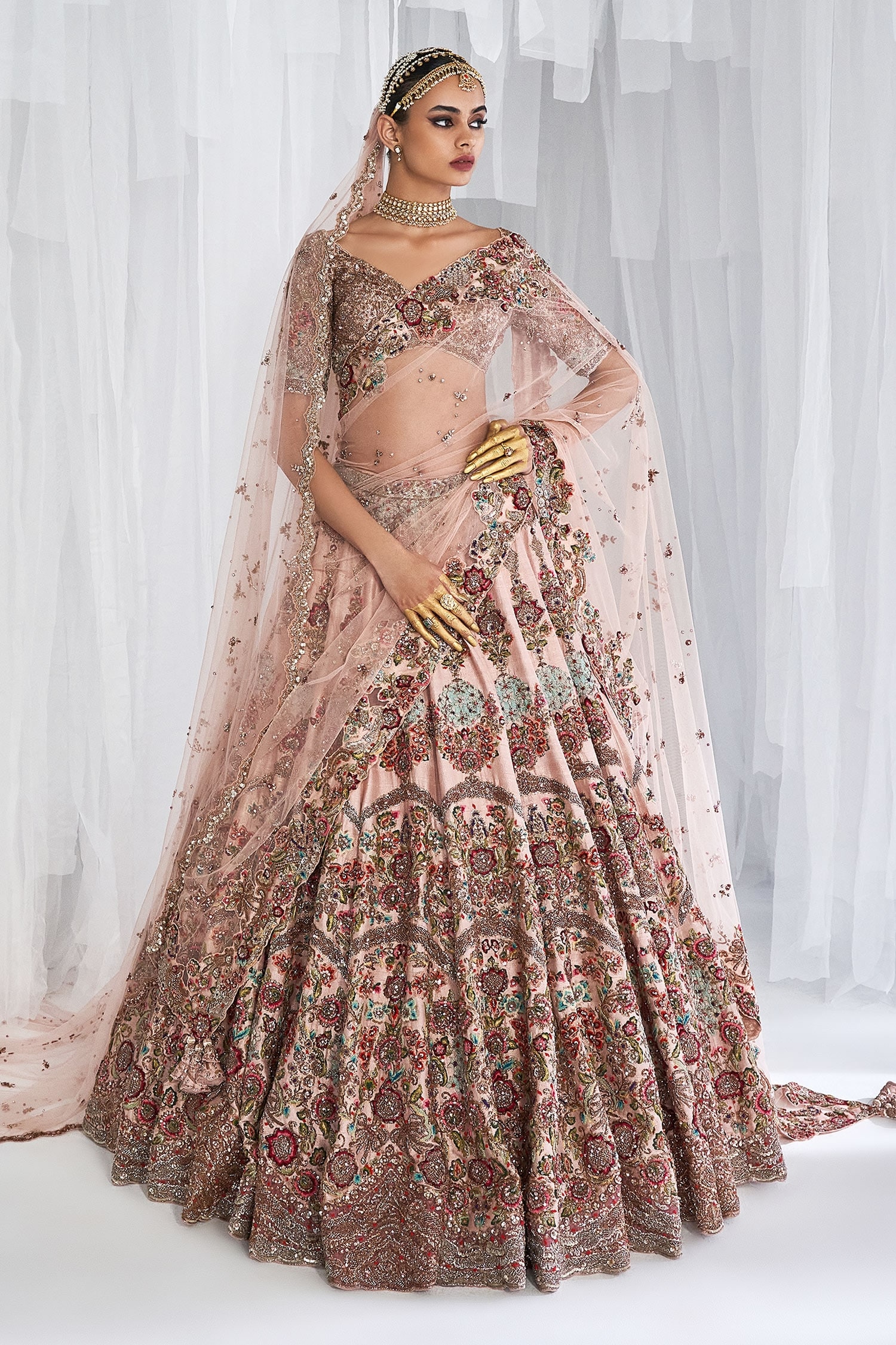 Buy Pink Raw Silk Embroidery Thread Leaf Primrose Bridal Lehenga Set