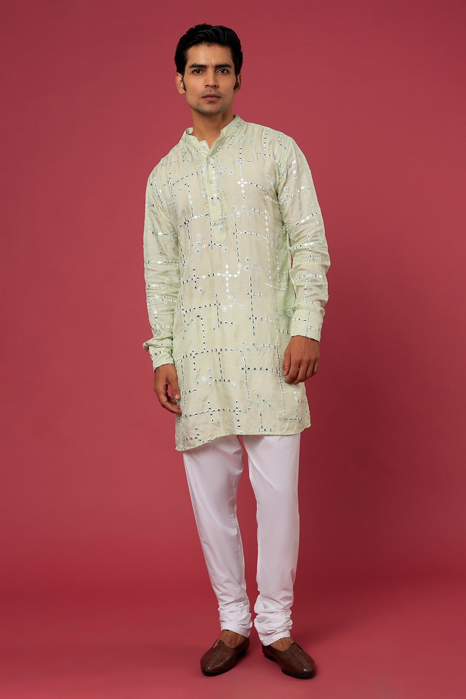 Spring Break Green Polyester Cotton Mirror Embroidered Kurta Set
