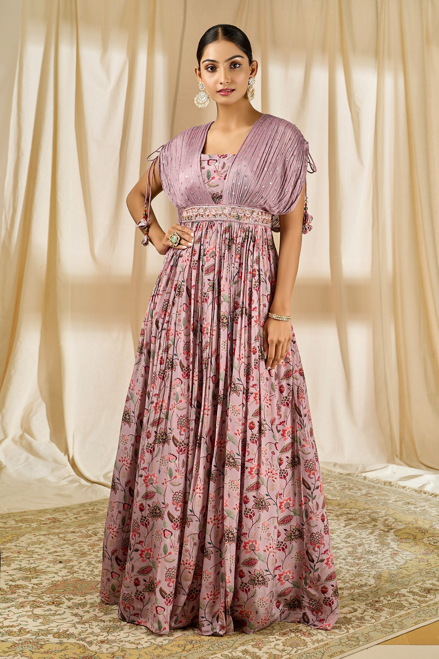 Alaya Advani Purple Natural Crepe Printed And Embroidered Floral V Neck Gown For Women