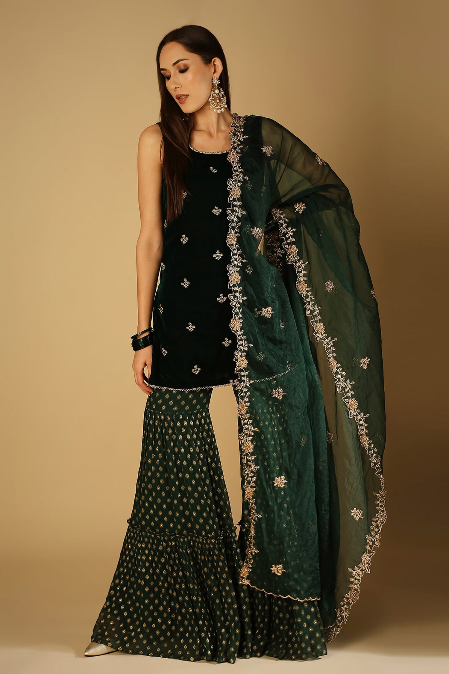 Monk & Mei Emerald Green Kurta: Velvet Embroidered Floral Cyra Sharara Set For Women