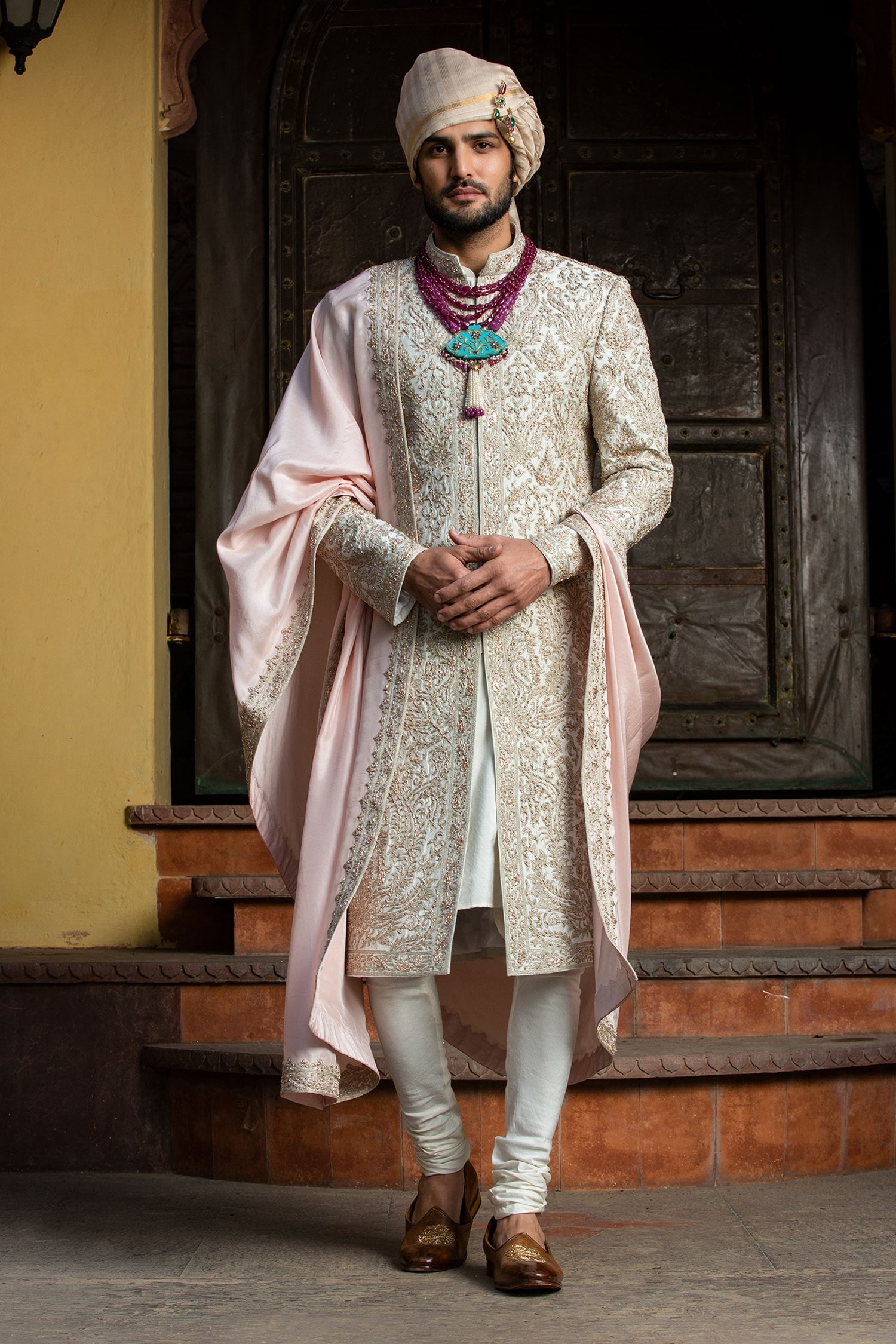 Nitika Gujral Ivory Sherwani: Taffeta Silk Embroidered Dabka Resham Achkan Set For Men