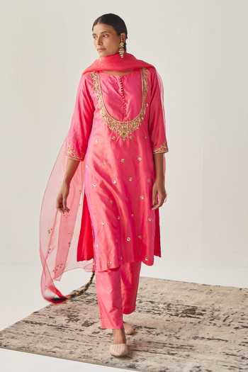 Women Onion Zarna Silk  Embroidery Work Kurta Set With Dupatta