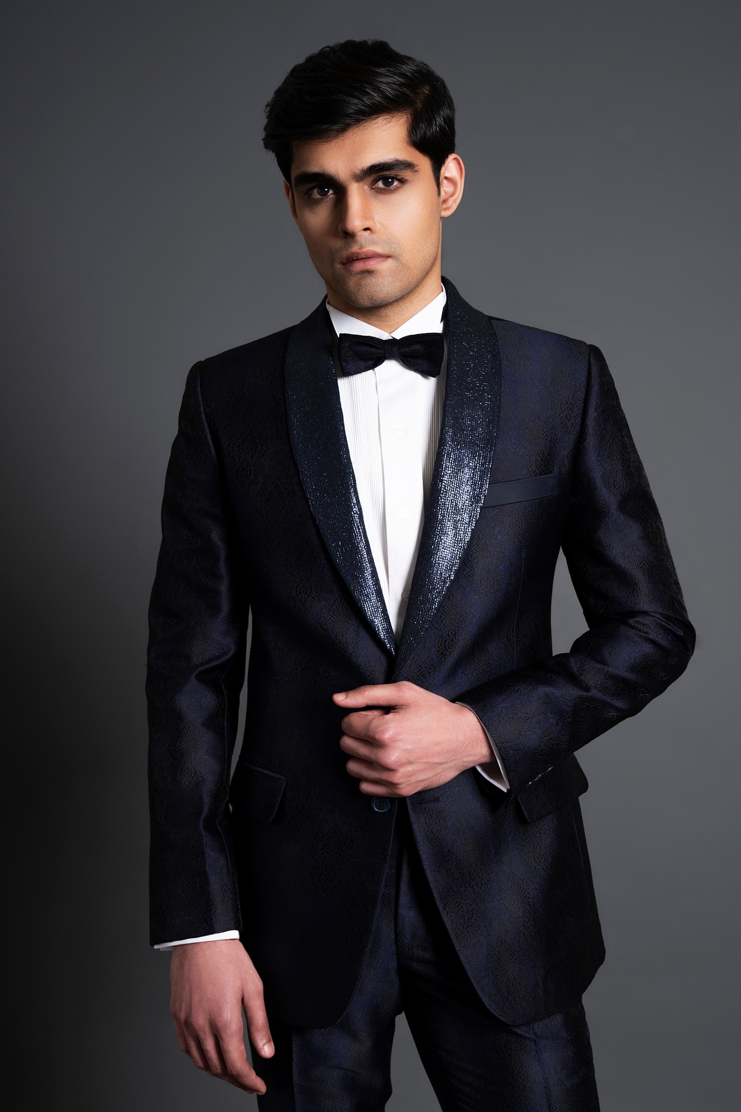 Buy Blue Brocade Floral Shawl Collar Tuxedo For Men by Raghavendra ...