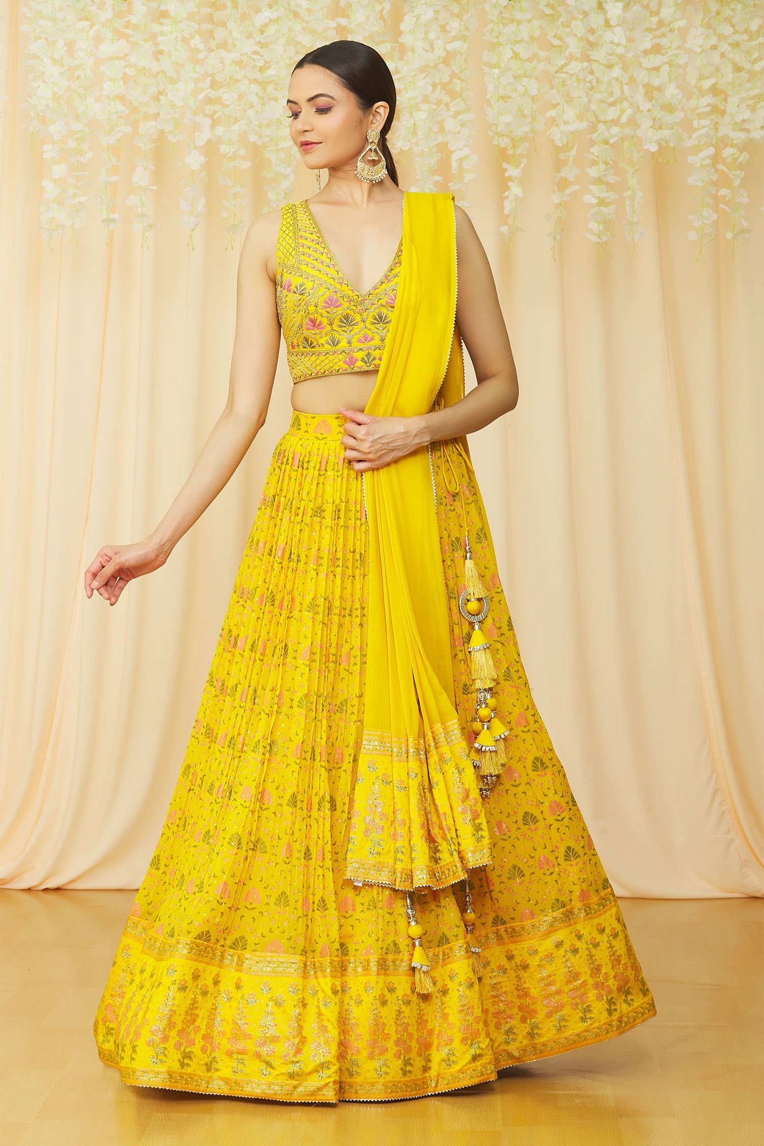 Buy Yellow Raw Silk Printed Floral Plunge Embroidered Choli With ...