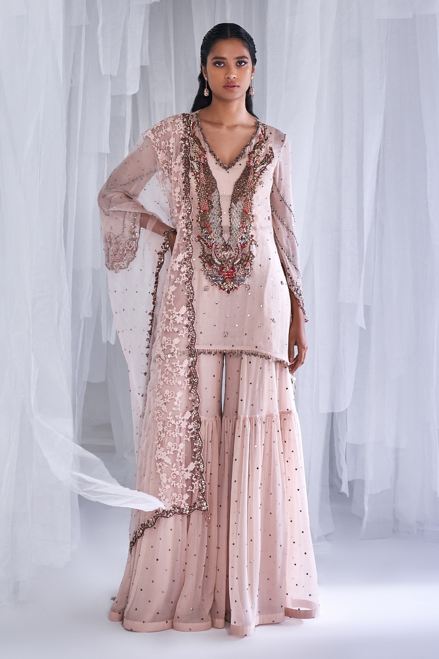 Buy Pink Chiffon Embroidery Kamdani V Neck Ubika Kurta And Sharara Set